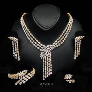 Omnia Rahaf Golden Bridal Full Set  in High Quality Zircon Stone in Rhodium Plated