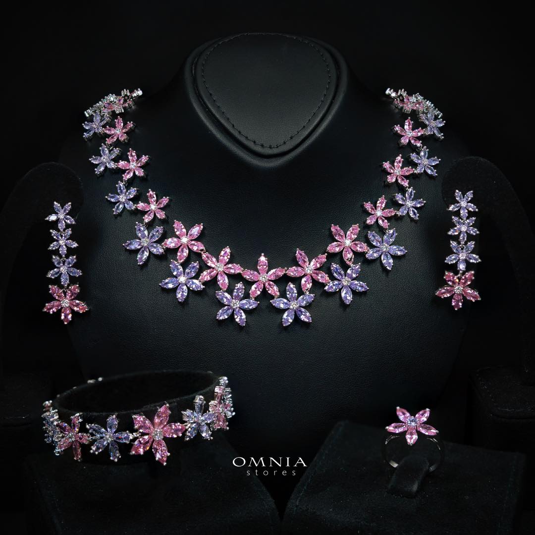Omnia Yusra Pink and Purple Bridal Full Set in High Quality Simulated Diamonds