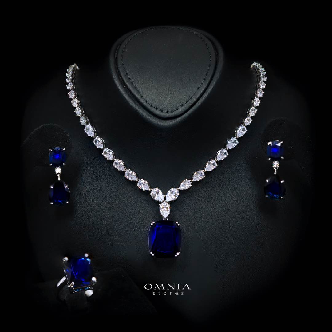 Omnia Audrey Blue Luxury Bridal Full Set in High Quality Simulated Diamonds with Cushion Cut Stones, Rhodium Plated