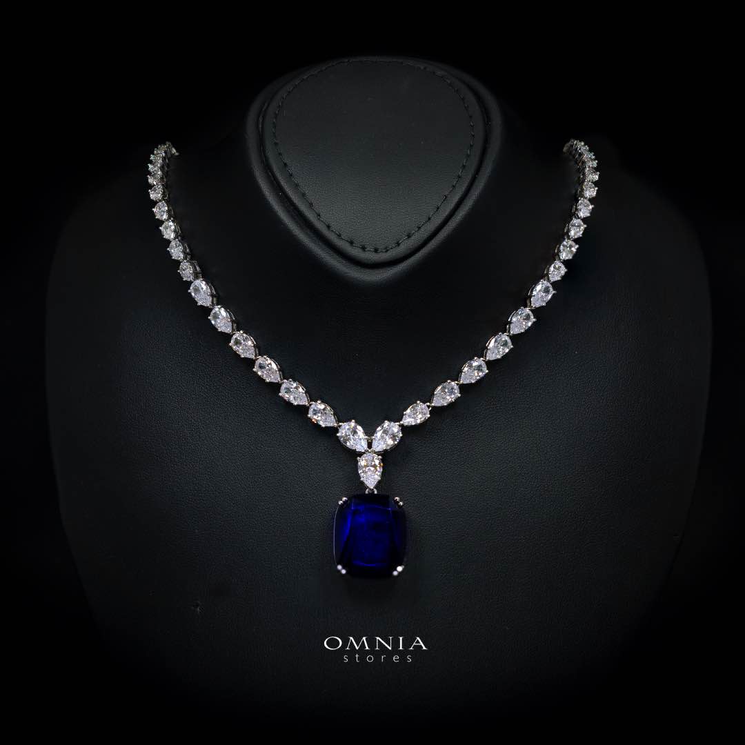 Omnia Audrey Blue Luxury Bridal Full Set in High Quality Simulated Diamonds with Cushion Cut Stones, Rhodium Plated - Image 2