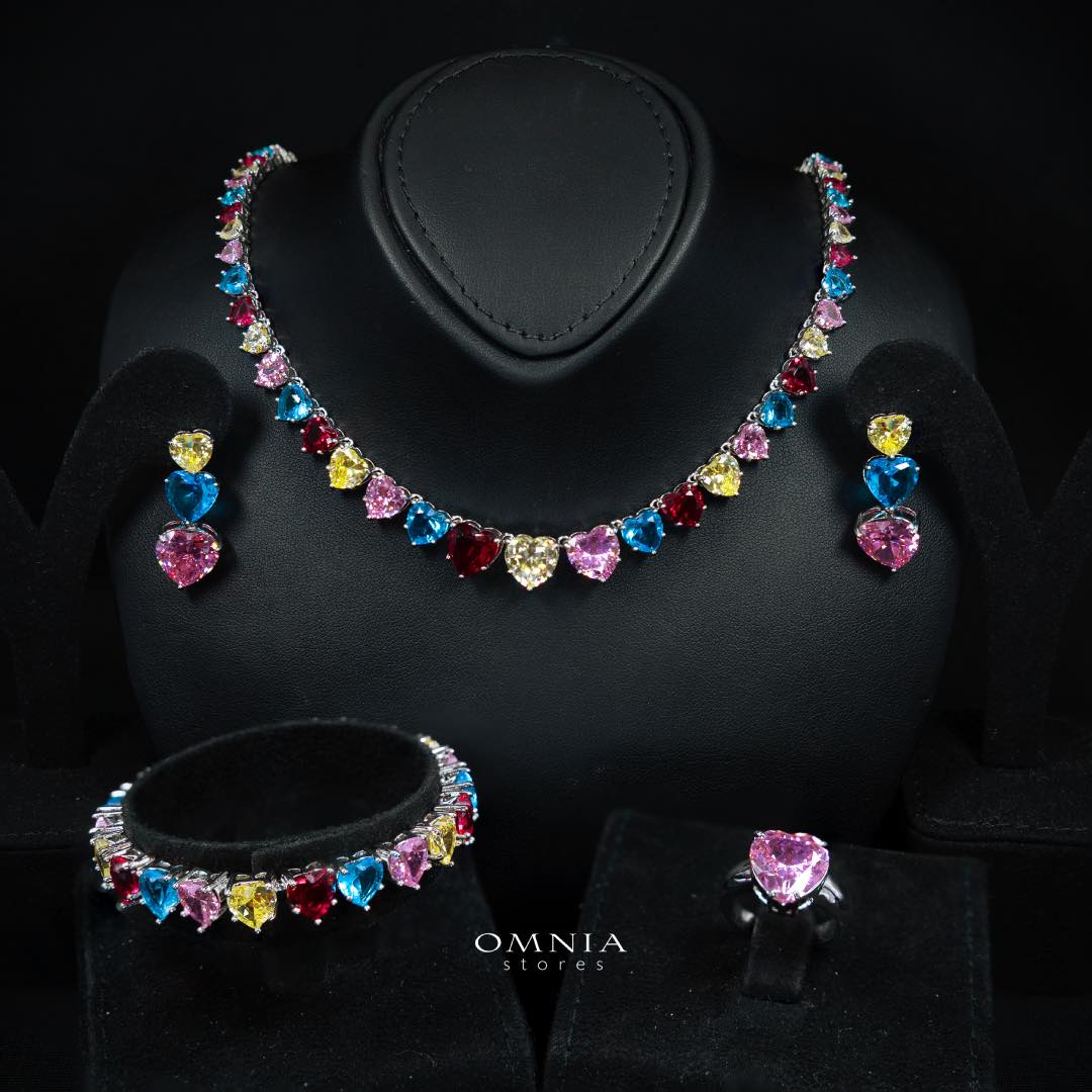 Omnia Donatella Multi Color Luxury Bridal Full Set with Heart-Cut High-Quality Simulated Diamonds Rhodium Plated