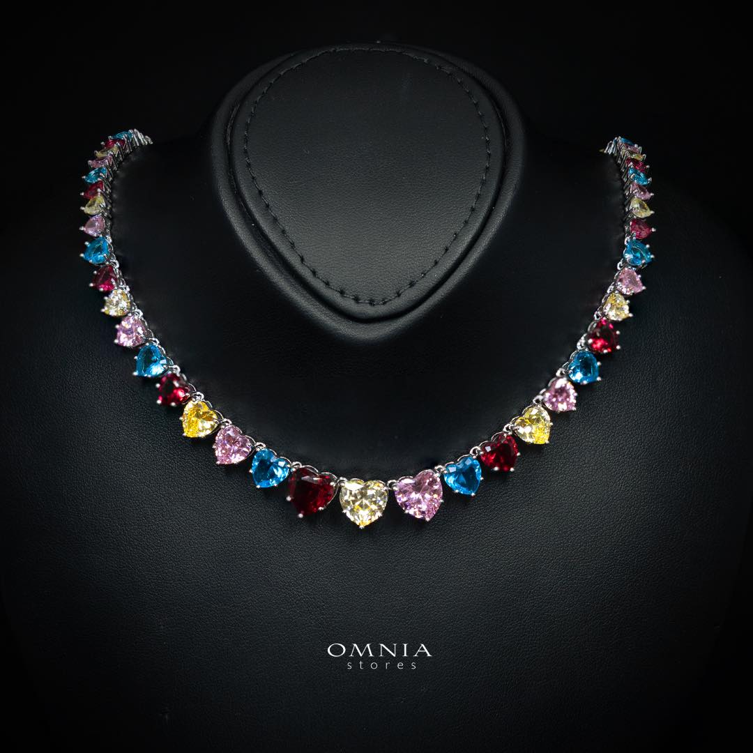 Omnia Donatella Multi Color Luxury Bridal Full Set with Heart-Cut High-Quality Simulated Diamonds Rhodium Plated - Image 2