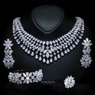 Omnia Sherine White Luxury Bridal Full Set with Emerald and Pear-Cut High-Quality Simulated Diamonds Rhodium Plated