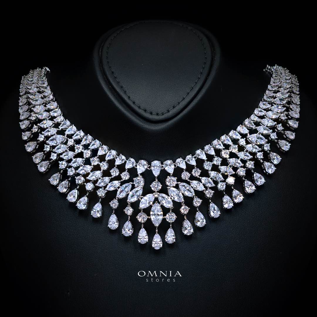 Omnia Sherine White Luxury Bridal Full Set with Emerald and Pear-Cut High-Quality Simulated Diamonds Rhodium Plated - Image 2