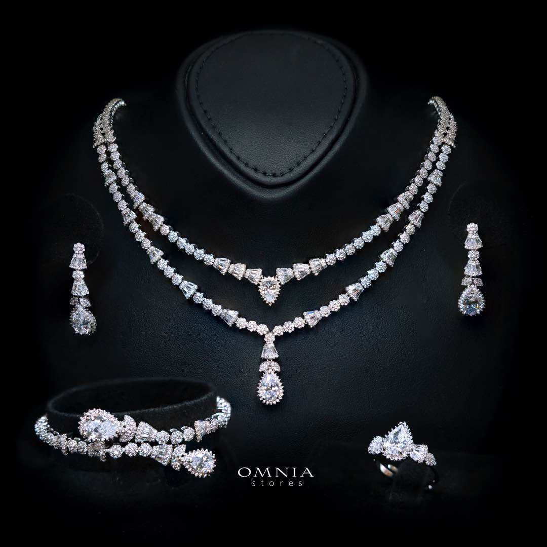 Omnia Ethereal White Drop Luxury Bridal Full Set in High Quality Rhodium Plated Zircon Stones