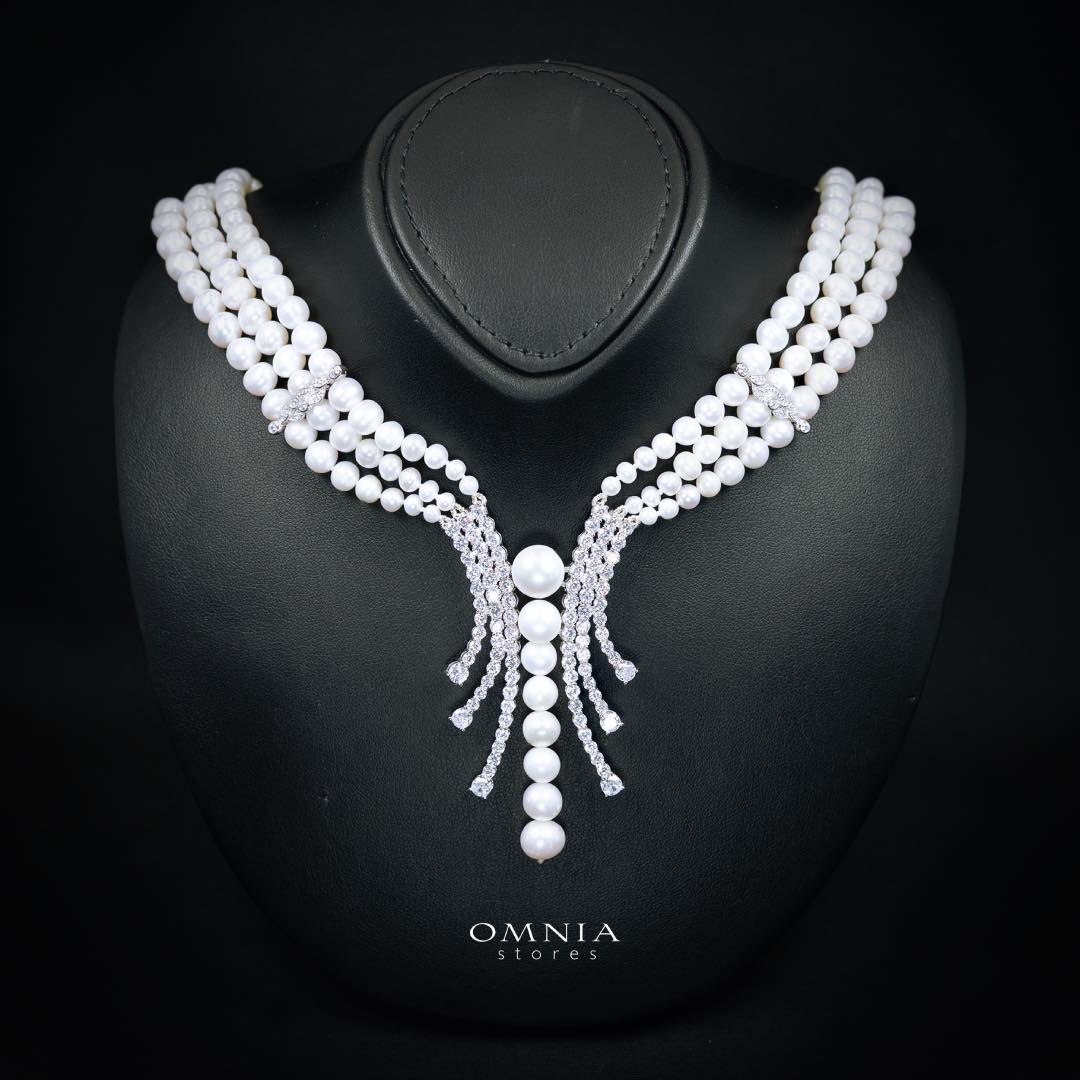 Omnia Shanina Bridal Full Set Designed with Freshwater Real Pearls and High-Quality Simulated Diamonds in a Rhodium Plated Finish - Image 2