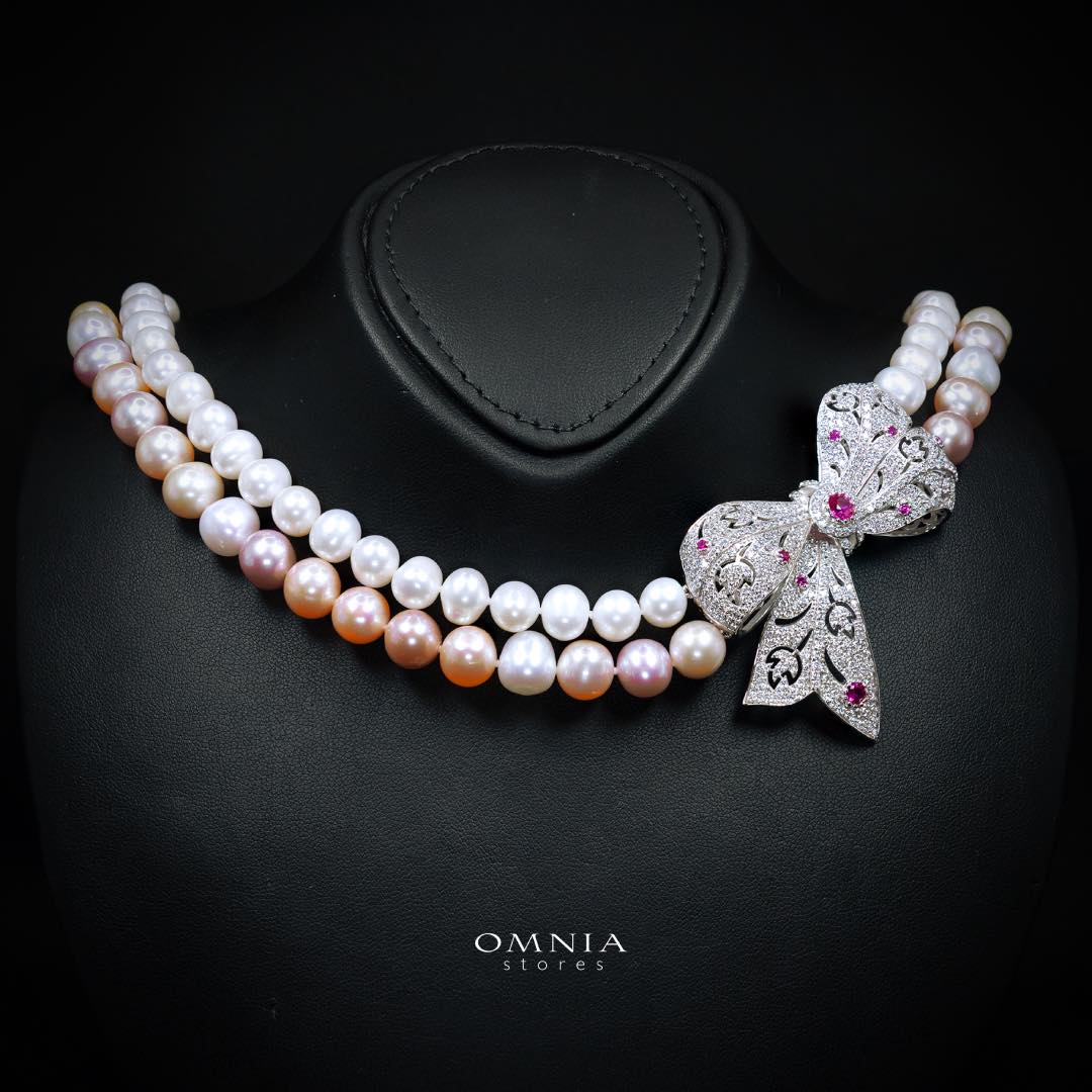 Omnia Arleth Multi-Color Real Pearl Set with Bow Accent and High-Quality Simulated Diamonds, Featuring a Double-Strand Design - Image 2