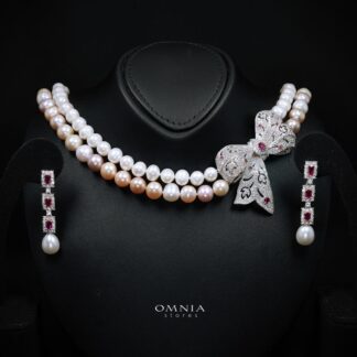 Omnia Arleth Multi-Color Real Pearl Set with Bow Accent and High-Quality Simulated Diamonds, Featuring a Double-Strand Design