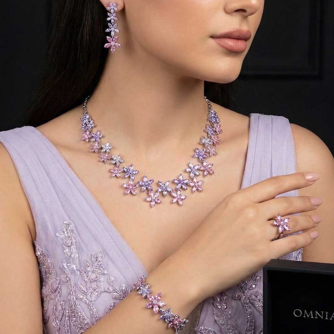Omnia Yusra Pink and Purple Bridal Full Set in High Quality Simulated Diamonds - Image 2