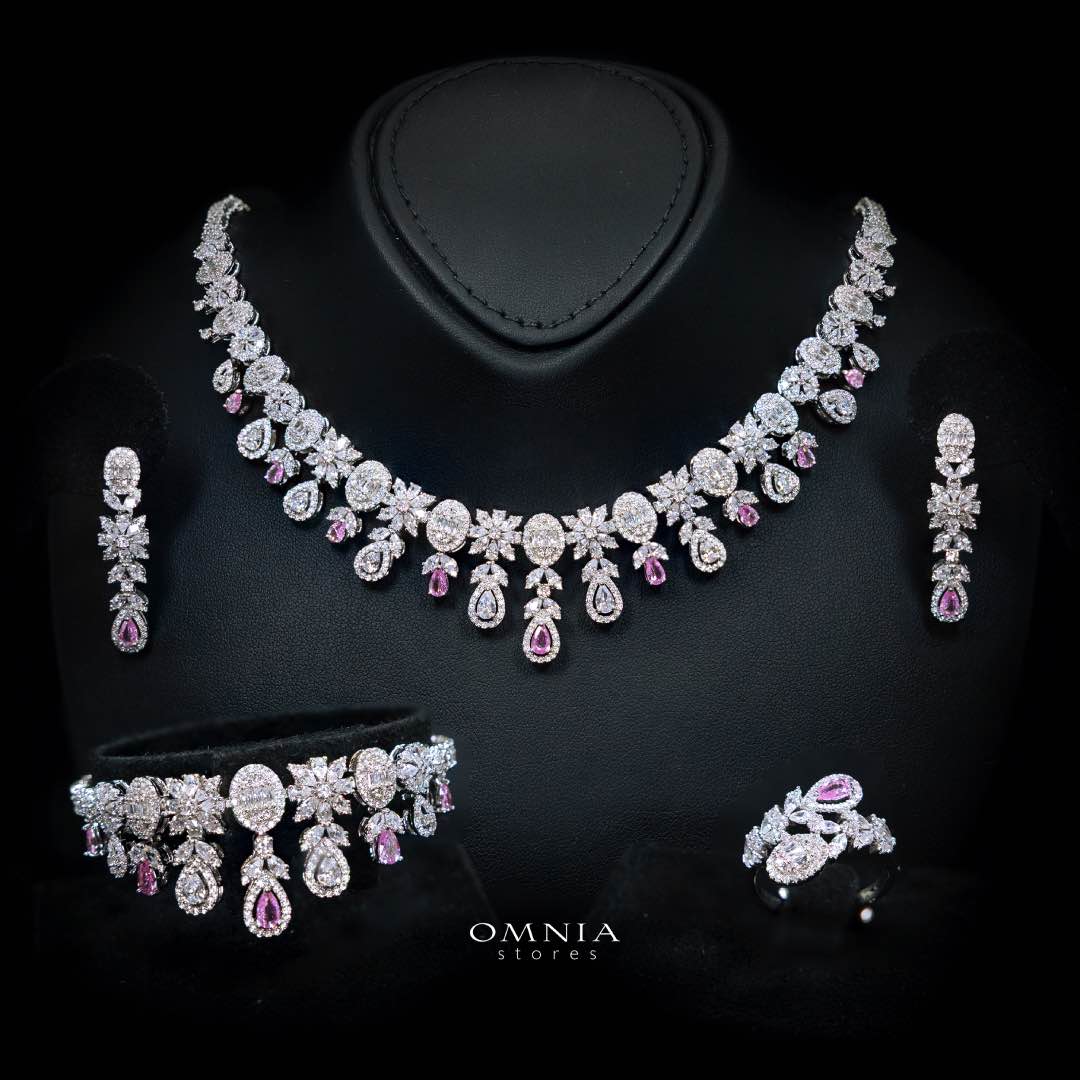 Omnia Trisha Pink Full set Accessories in High Quality Zircon Stone in Rhodium Plated - Image 3