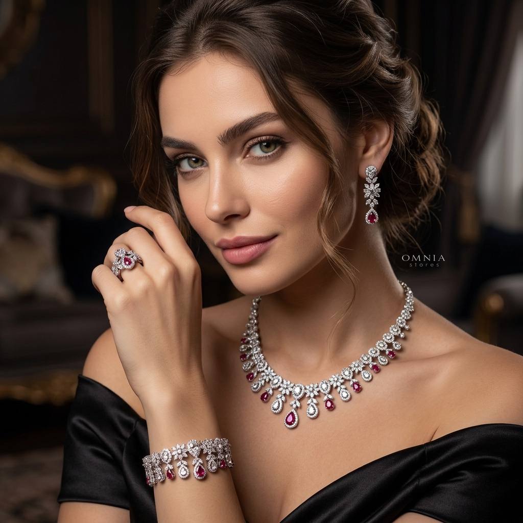 Omnia Trisha Red Full set Accessories in High Quality Zircon Stone in Rhodium Plated - Image 6