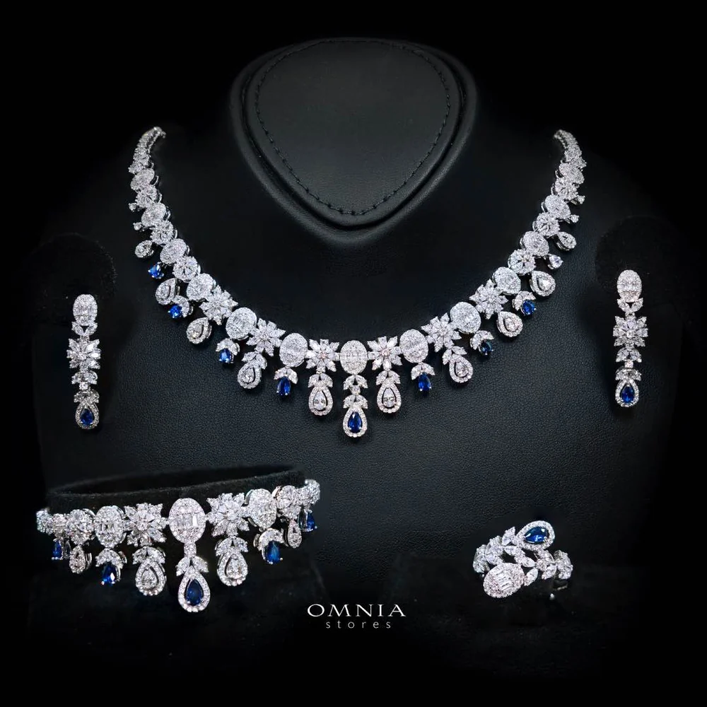 Omnia Trisha Blue Bridal Full Set Accessories in High Quality Zircon Stone Rhodium Plated