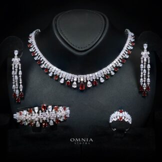 Omnia Nisrine Red Bridal Full Set Accessories in High Quality Zircon Stone in Rhodium Plated