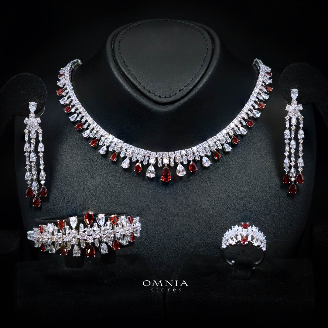 Omnia Nisrine Red Bridal Full Set Accessories in High Quality Zircon Stone in Rhodium Plated