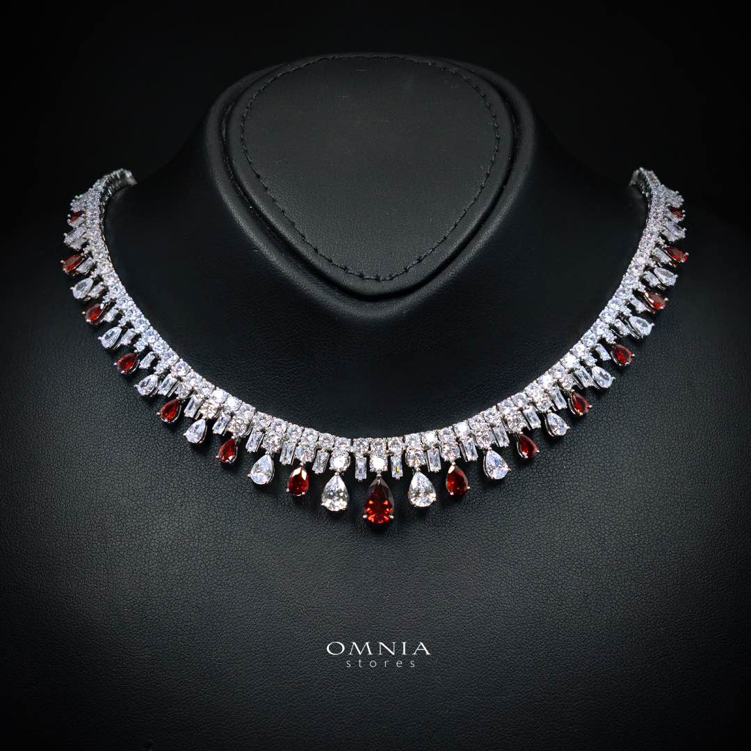Omnia Nisrine Red Bridal Full Set Accessories in High Quality Zircon Stone in Rhodium Plated - Image 2
