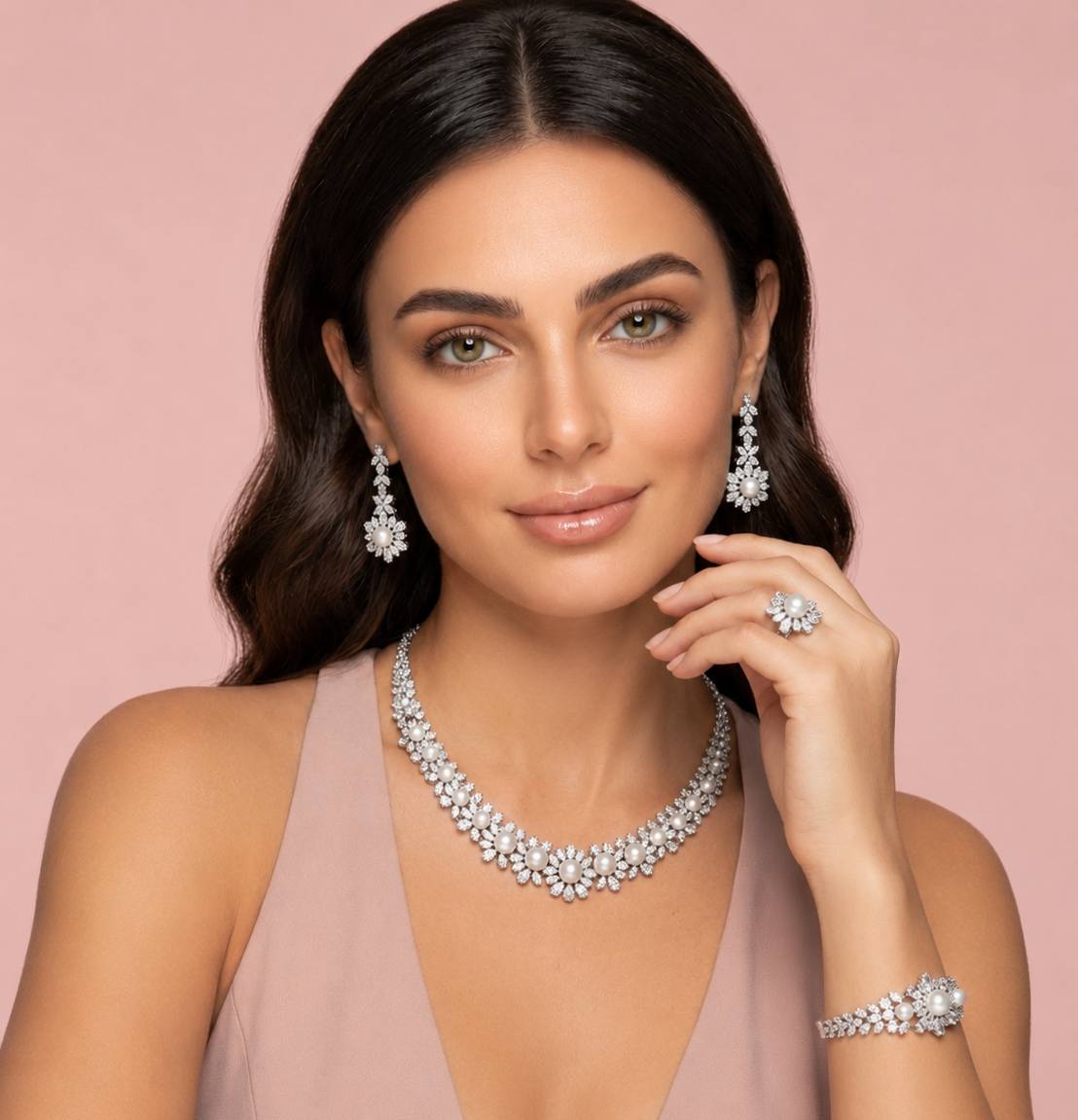 Omnia Rukaya Floral Pearl Luxury Bridal Full Set – High-Quality Zircon & Rhodium Plated Jewelry - Image 3
