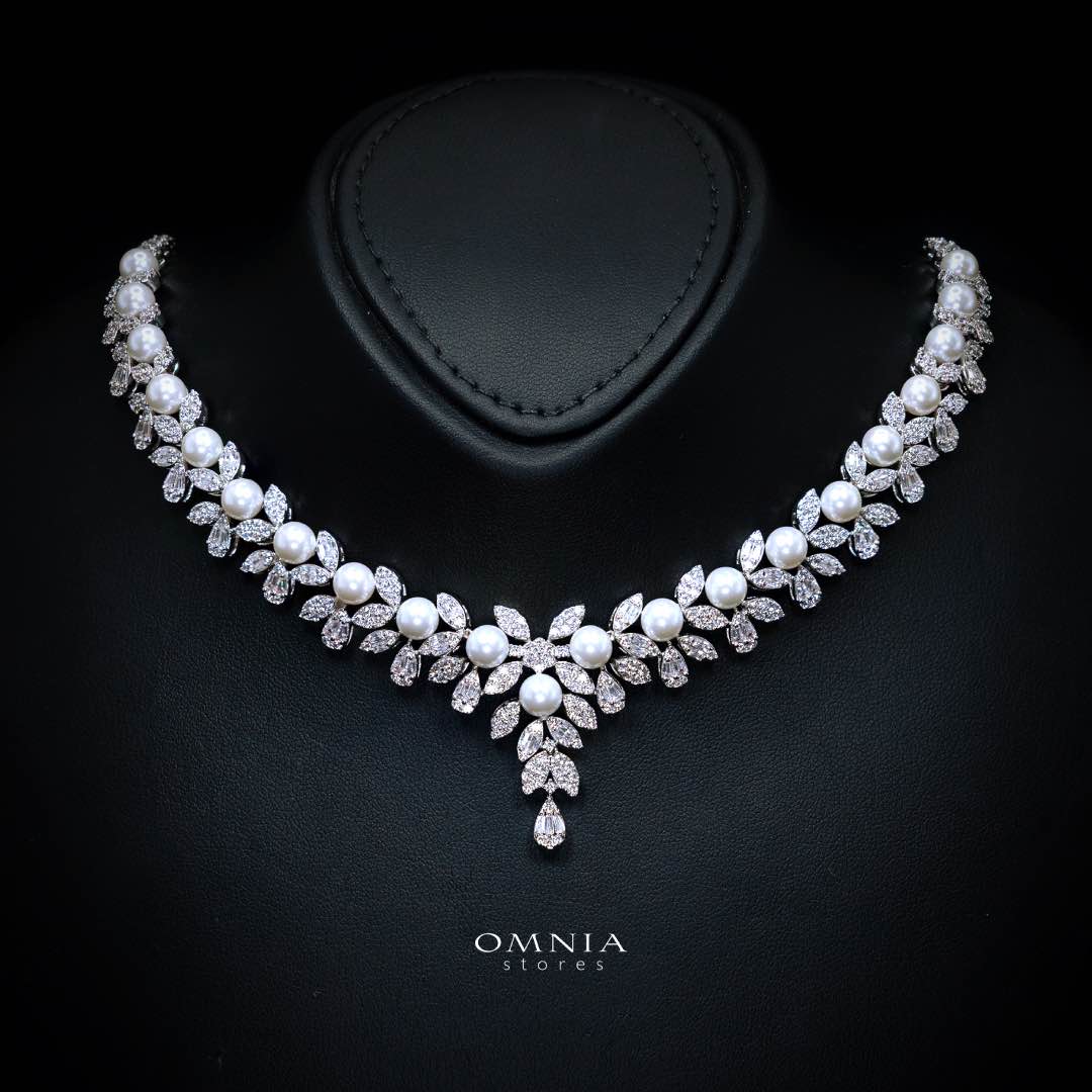 Omnia Laurah Luxury Bridal Full Set – Pearl & Zircon Statement Jewelry (Rhodium Plated) - Image 2