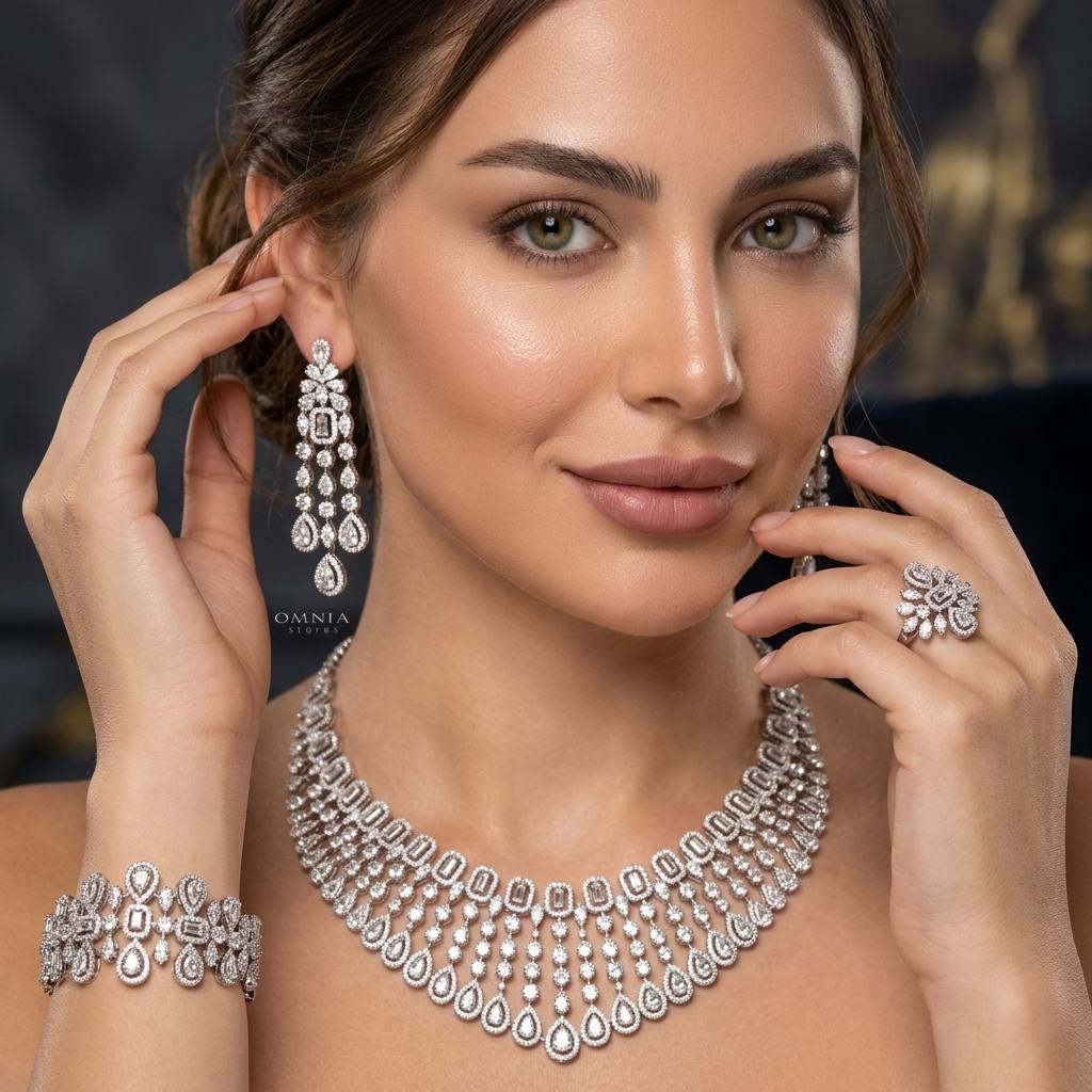 Omnia Latifa Bridal Full Set Accessories in High Quality Zircon Stone Rhodium Plated(18 size only available in ksa)