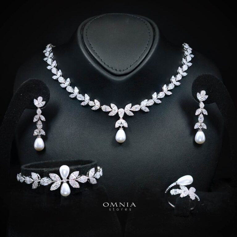 Samah White Pearl Luxury Bridal Full Set in High Quality Zircon Stone in Rhodium Plated