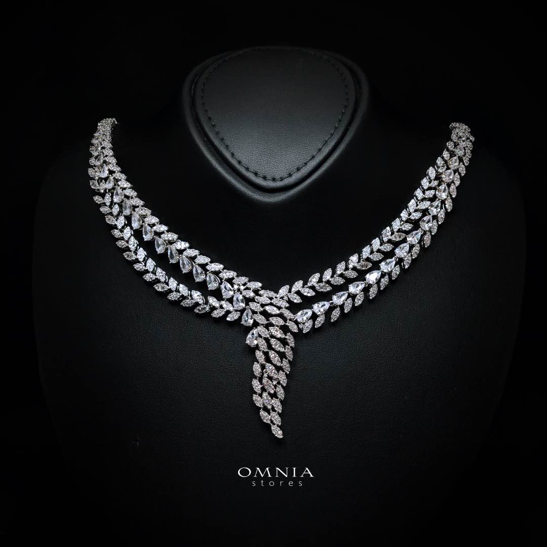 Omnia Yasira Leaf-Design White Luxury Bridal Full Set in High Quality Zircon Stone Rhodium Plated - Image 2