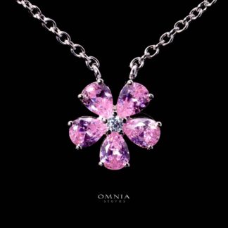 Omnia Pink Blossom Necklace In 92.5 Silver with High Quality Simulated Diamonds