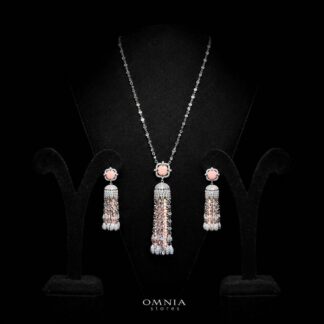 Omnia Yasmin Pink Long Chain Tassel Necklace & Earrings in 92.5 Silver with High Quality Simulated Diamonds