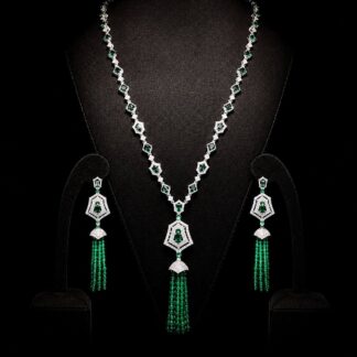 Omnia Najma Green Set in 92.5 Silver with High Quality Simulated Diamonds and Green Tassel Accents