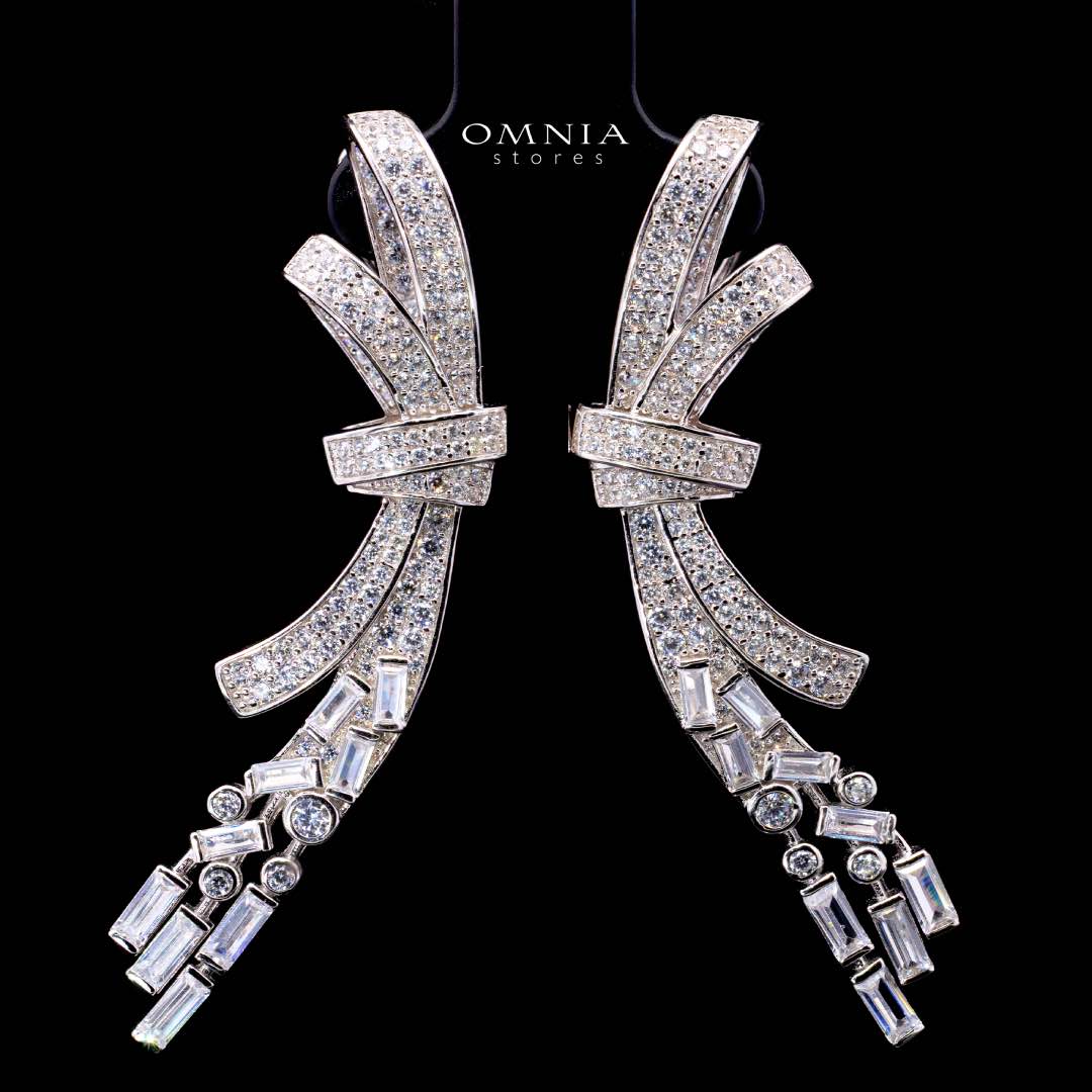 Omnia Celeste Bow Design Earrings in 925 Silver with High-Quality Simulated Diamonds and Elegant Dangling Accents