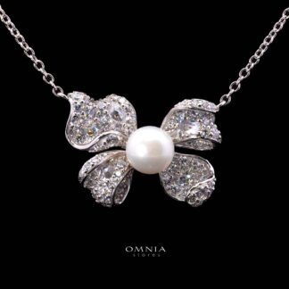 Omnia Pearl Butterfly Necklace in 92.5 Silver with High Quality Simulated Diamonds