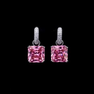 Omnia Helen Cushion Cut Drop Earrings with Pink Zircon in High Quality Rhodium Plated