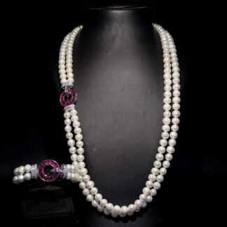 Omnia Royal Pearl Necklace and Bracelet Set with Ruby-Red Accents and High-Quality Simulated Diamonds