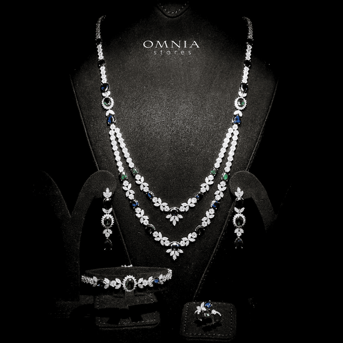 Omnia Jade Blue and Green Bridal Long Chain Set Accessories in High Quality Zircon Stone Rhodium Plated - Image 3