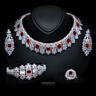 Omnia Avelia Red and White Luxury Bridal Choker Full Set in High Quality Rhodium Plated Zircon Stones