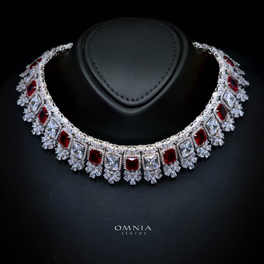 Omnia Avelia Red and White Luxury Bridal Choker Full Set in High Quality Rhodium Plated Zircon Stones - Image 2