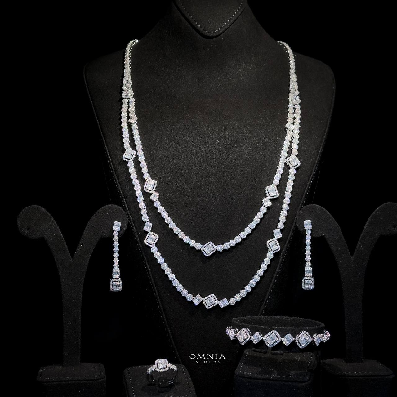 Omnia Thekra Bridal White Long chain Set Accessories High Quality Zircon Stone In Rhodium Plated - Image 3