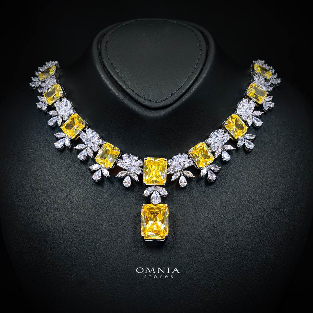 Omnia Charlene Yellow Bridal Full Set in High Quality Simulated Diamonds with Emerald and Marquise Cut Stones, Rhodium Plated - Image 2