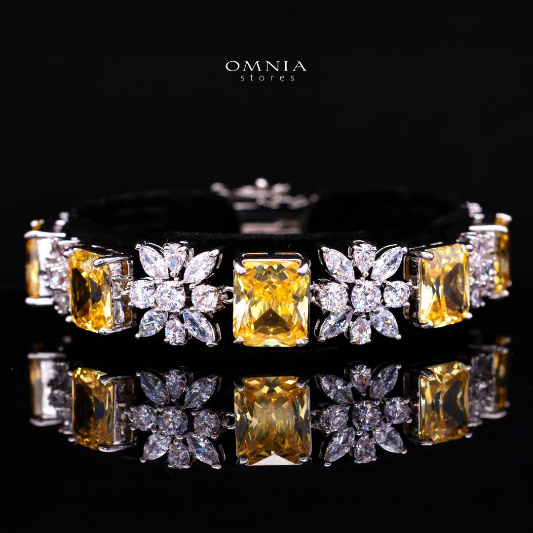 Omnia Charlene Yellow Bridal Full Set in High Quality Simulated Diamonds with Emerald and Marquise Cut Stones, Rhodium Plated - Image 3