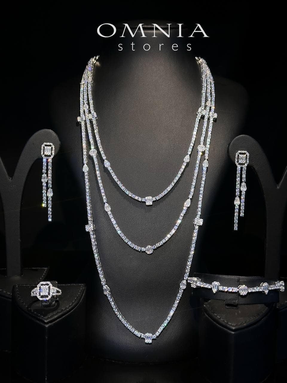 Omnia Layina White Long chain Full Set Accessories in High Quality Zircon Stone Rhodium Plated (17cm only available in KSA) - Image 2