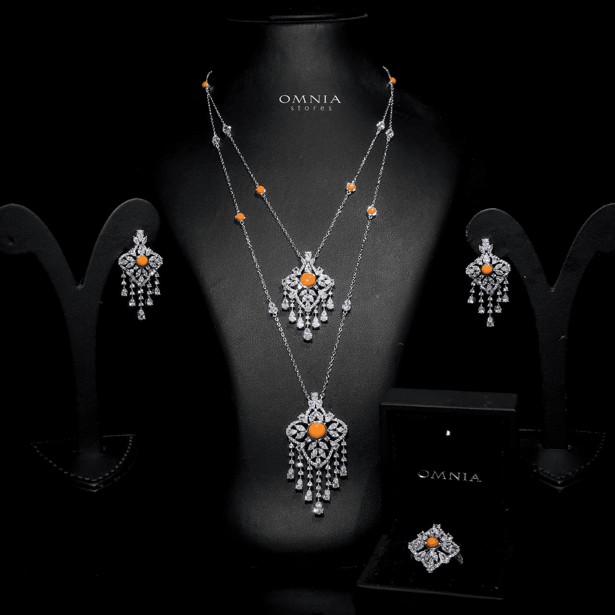 Omnia Abeer Orange Long chain Set High Quality Zircon Stone In Rhodium Plated - Image 3