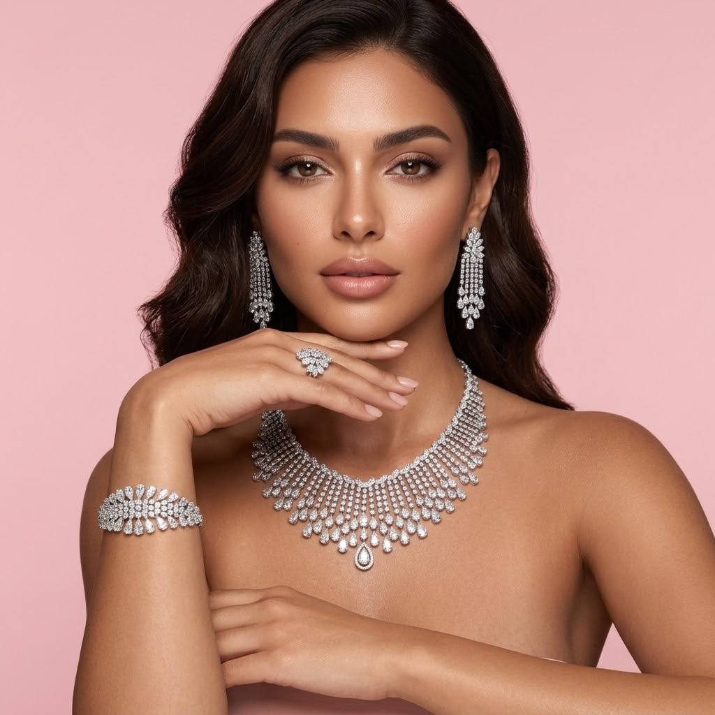 Omnia Elvina White Luxury Bridal Full Set in High Quality Zircon Stone in Rhodium Plated - Image 2