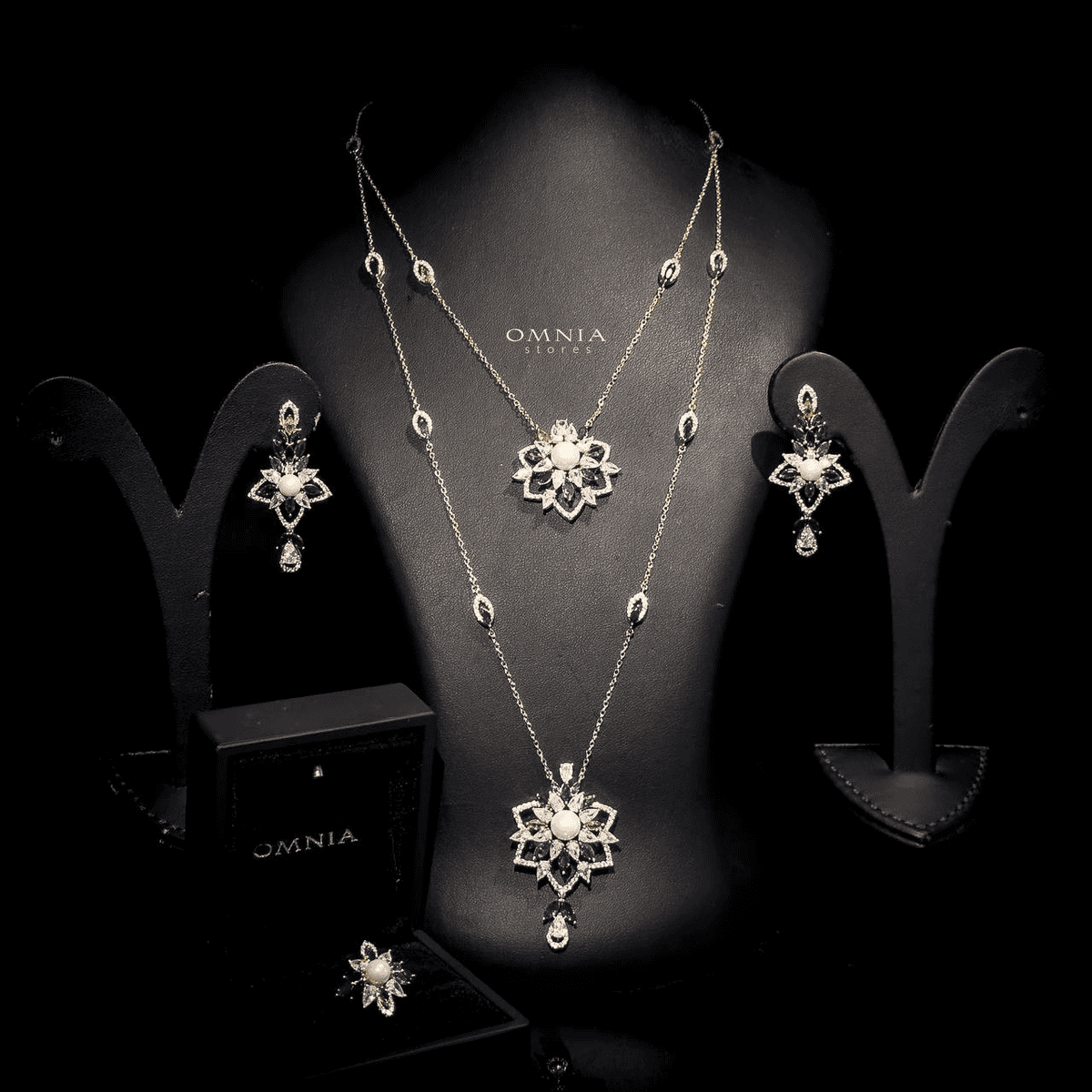 Omnia Safa Golden Multi Colored Bridal Long Chain Set in High Quality Zircon Stone Rhodium Plated - Image 3