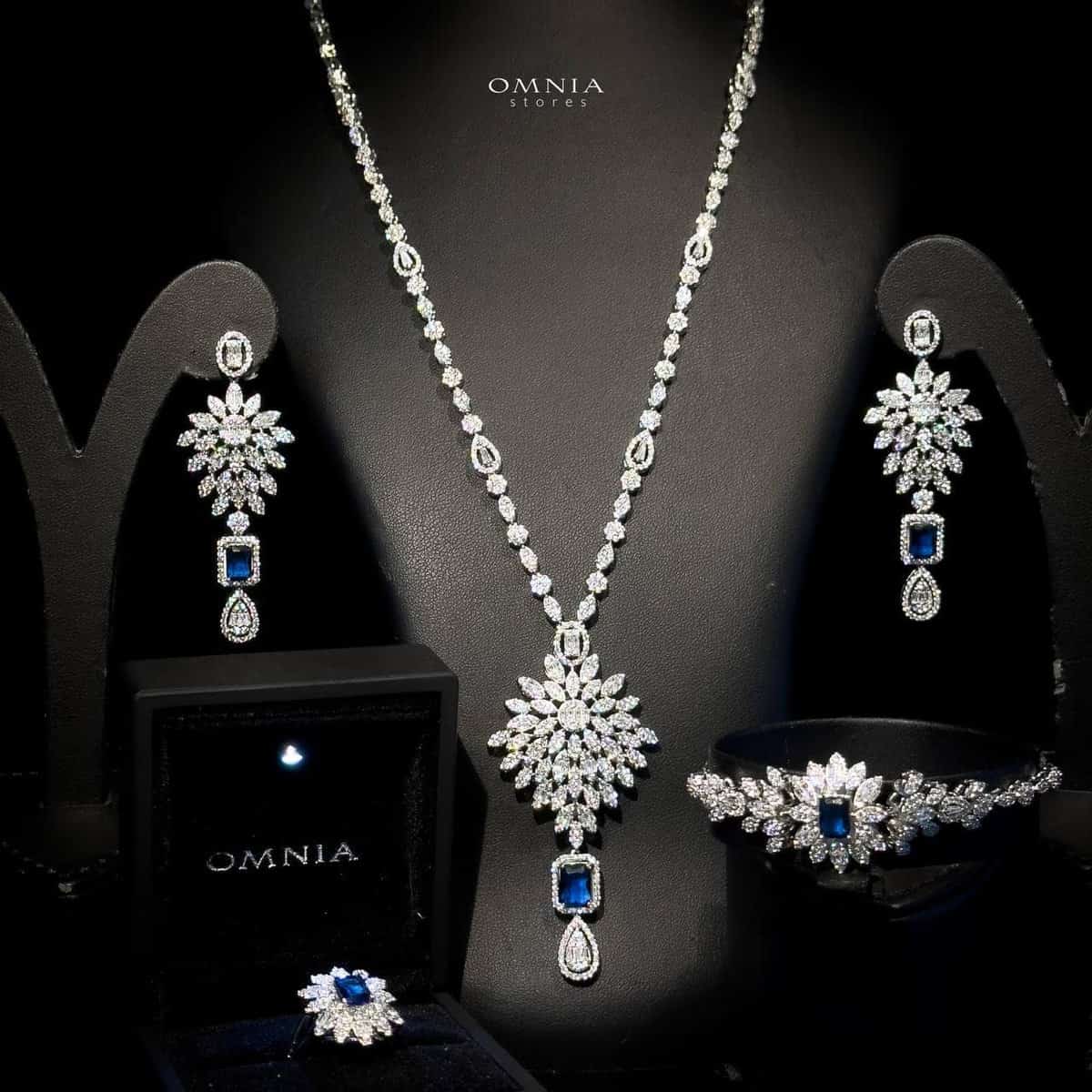 Omnia Duha Blue Long Chain Full Set Accessories in High Quality Zircon Stone Rhodium Plated - Image 2