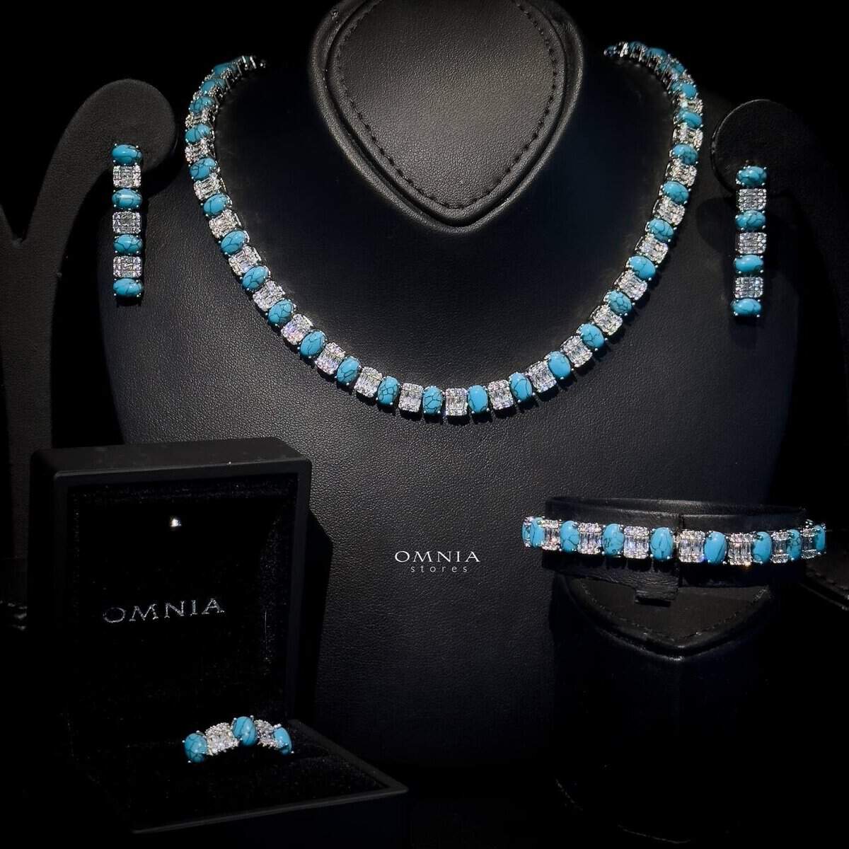 Omnia Marita turquoise Bridal Full Set Accessories High Quality Zircon Stone in Rhodium Plated - Image 2
