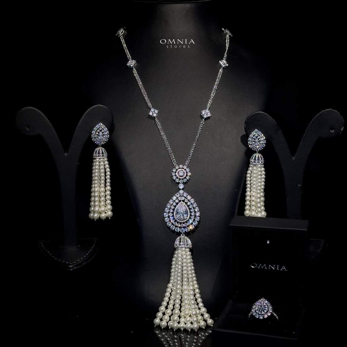 Omnia Asma Long chain Set Accessories High Quality Zircon Stone In Rhodium Plated