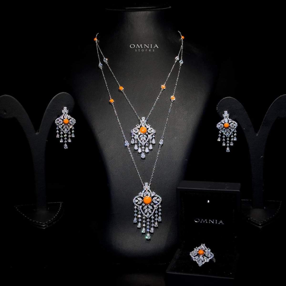 Omnia Abeer Orange Long chain Set High Quality Zircon Stone In Rhodium Plated