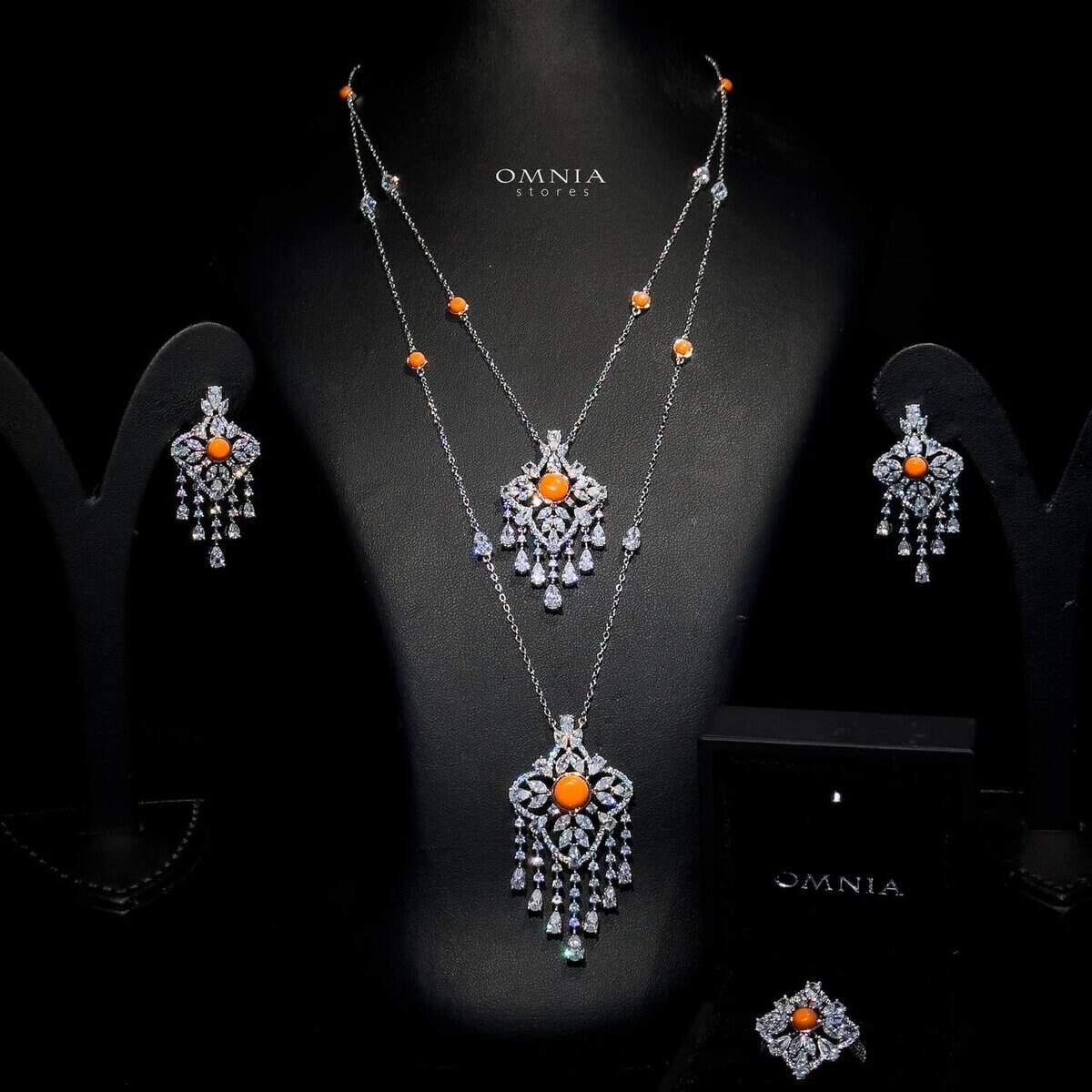 Omnia Abeer Orange Long chain Set High Quality Zircon Stone In Rhodium Plated - Image 2