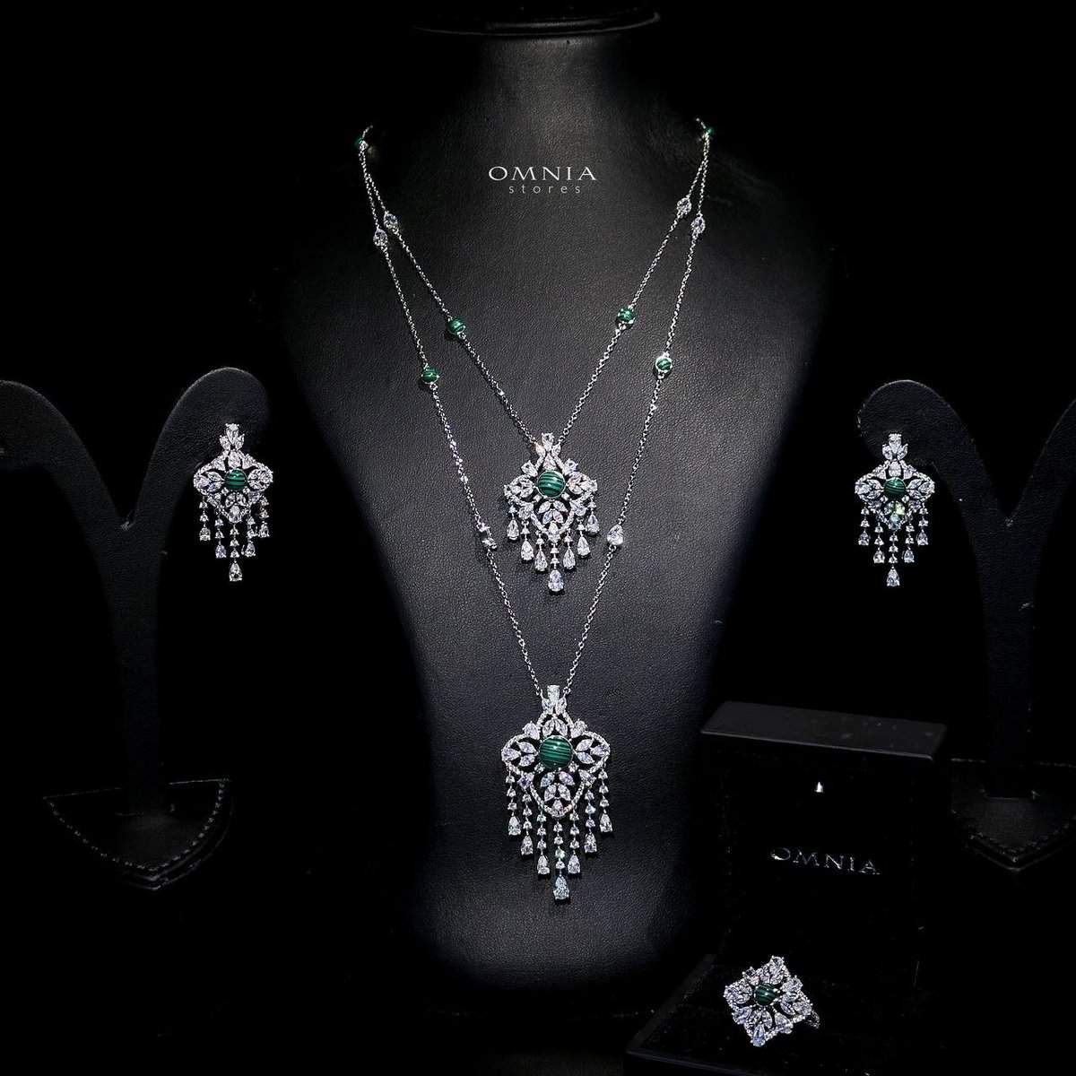 Omnia Abeer Green Long chain Set High Quality Zircon Stone In Rhodium Plated