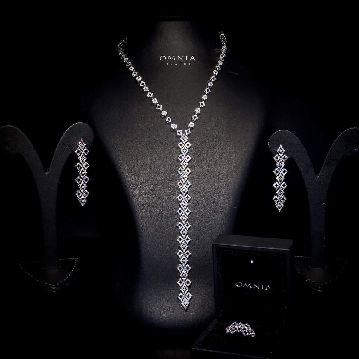 Omnia Hanan Long chain Set Accessories High Quality Zircon Stone In Rhodium Plated