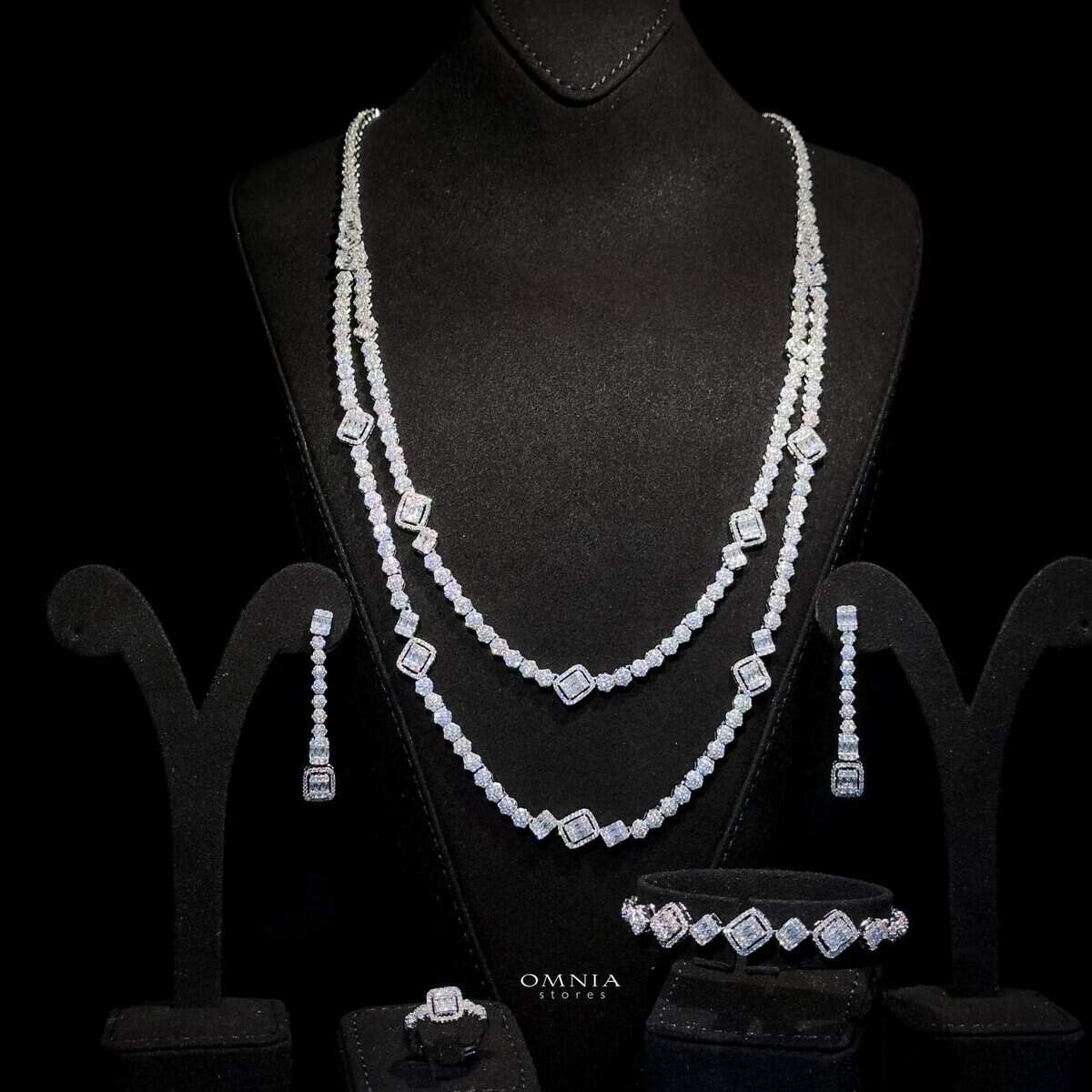 Omnia Thekra Bridal White Long chain Set Accessories High Quality Zircon Stone In Rhodium Plated