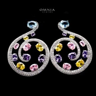 Omnia Fadela Spiral Hoop Earrings with Multicolor Zircon Stone in High Quality Rhodium Plated